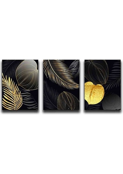Gold Siyah Dekoratif Yaprak Simli 3'lü Kanvas Tablo