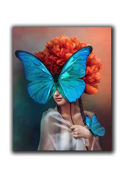 Kelebekler ve Sakayık Cıcegı Olan Kadın Kanvas Tablo