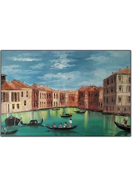 Venedik Yeşil Göl Manzara ve Gondolları Orijinal Yağlı Boya Tablo