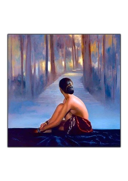 Kare Orman Girişi Arkası Dönük Kadın Nü Tablo Orijinal Yağlı Boya Tablo