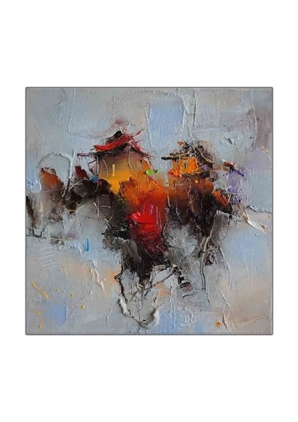 Tepedeki Ev Soyut Yağlı Boya Dokulu Tablo