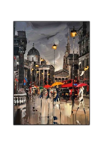 Londra Sokaklarında Yağmur Altında Şemsiyeli Insanlar Yağlı Boya Dokulu Tablo