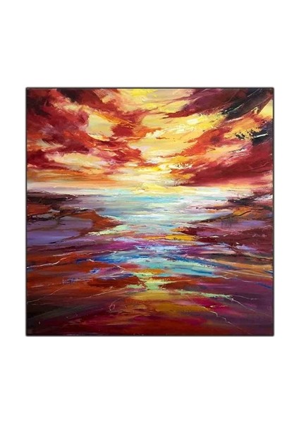 Soyut Gün Batımı Manzaralı Dağlar ve Deniz Yağlı Boya Dokulu Tablo