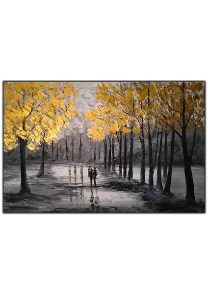 Siyah Beyaz Ağaçlar ve Altın Yapraklı Orman Orijinal Yağlı Boya Tablo