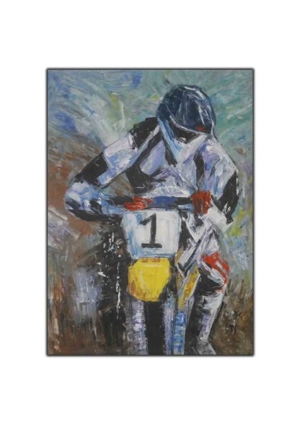 1 Numaralı Motocross Sürücüsü Orijinal Yağlı Boya Tablo