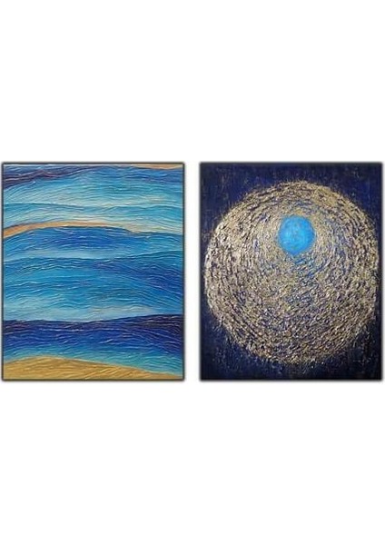 Deniz Manzarası ve Gold Detaylı Daire Ikili Yağlı Boya Dokulu Tablo