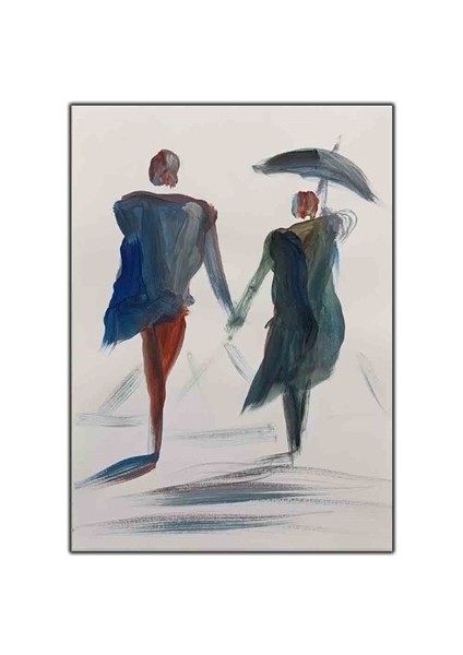 El Ele Yağmur Altında Yürüyen Çift Yağlı Boya Dokulu Tablo