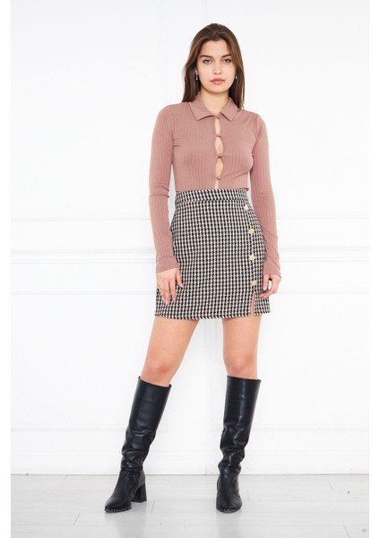 Kahverengi Düğme Detaylı Tweed Mini Etek Dm 2002
