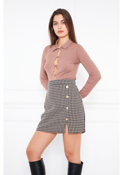 Kahverengi Düğme Detaylı Tweed Mini Etek Dm 2002 fiyatları