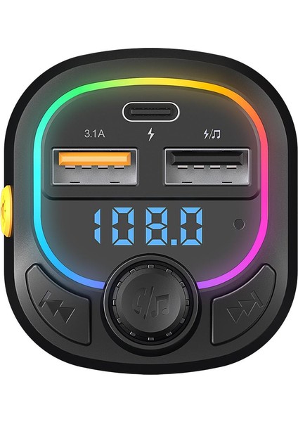 Siyah HY-XCB45 5V 3.1A / 5V 1A Rainbow Işıklı LED Ekran Mp3 Tf+Usb+Fm Bluetooth Fm Transmitter