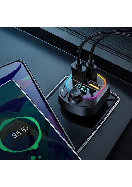 Siyah HY-XCB45 5V 3.1A / 5V 1A Rainbow Işıklı LED Ekran Mp3 Tf+Usb+Fm Bluetooth Fm Transmitter