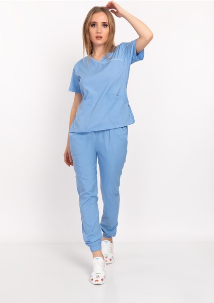 Bebe Mavi Soft Likralı Jogger Alt Üst Takım Doktor Hemşire Scrubs Üniforma