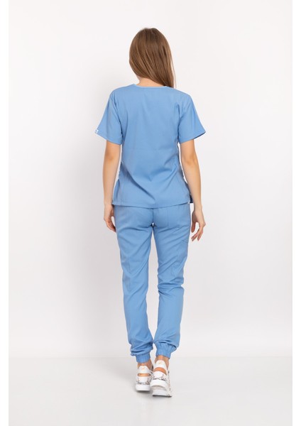 Bebe Mavi Soft Likralı Jogger Alt Üst Takım Doktor Hemşire Scrubs Üniforma modelleri