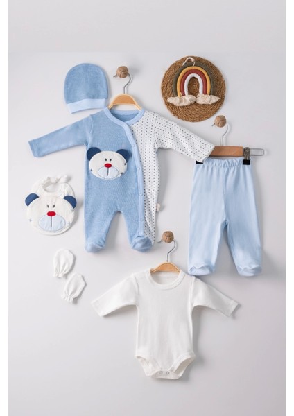 Ayıcık Nakışlı Tulumlu % 100 Pamuk Erkek Bebek 5'li Set