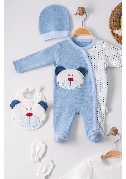 Ayıcık Nakışlı Tulumlu % 100 Pamuk Erkek Bebek 5'li Set