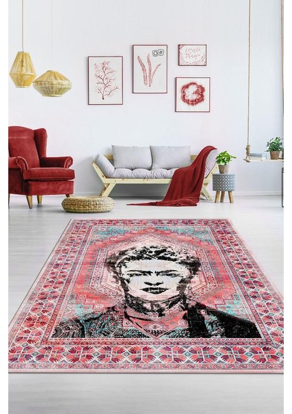Kahlo Dokuma Tabanlı Yıkanabilir Kaymaz Sanat Sever Halısı