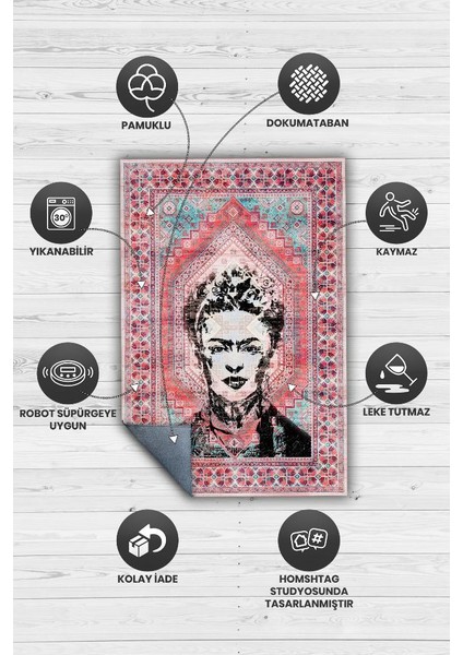 Kahlo Dokuma Tabanlı Yıkanabilir Kaymaz Sanat Sever Halısı