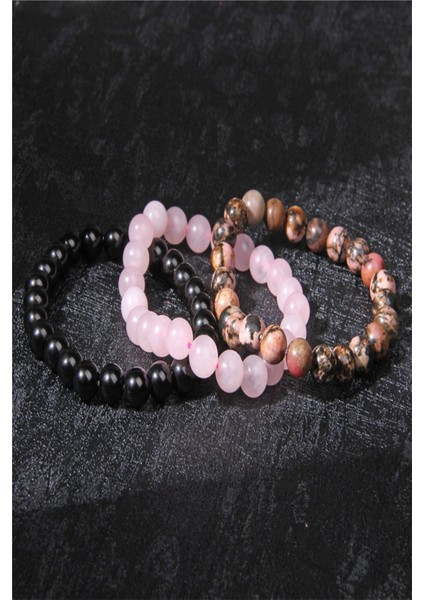 Sertifikalı 3'lü Doğal Taş Bileklik ( Pembe Kuvars - Rodonit - Siyah Oniks )