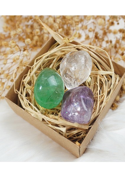Sertifikalı Florit Taşı Kristal Kuvars Taşı Ametsit 3 Lü Set