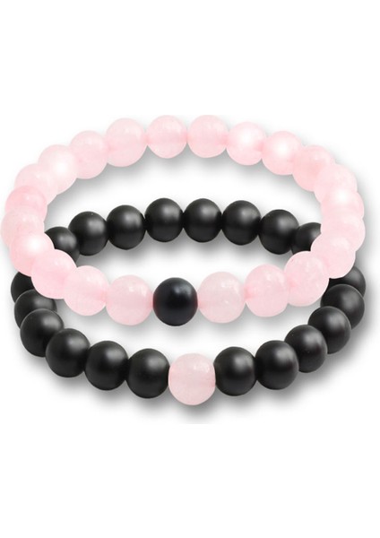 Sertifikalı Pembe Kuvars + Oniks Taşı 2 Adet Doğal Taş Bileklik