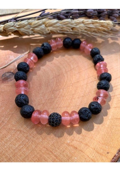 Sertifikalı Pembe Kuvars-Lav Taşı Bileklik