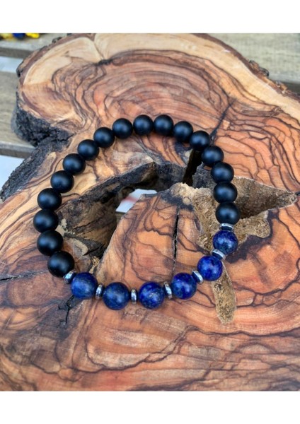 Sertifikalı Mat Lapis Lazuli ve Oniks Bileklik