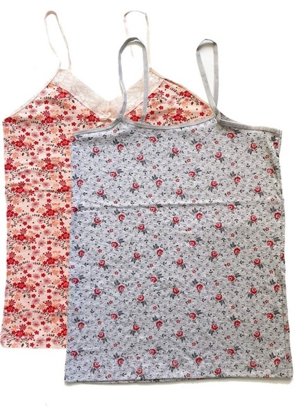 2 Adet Kadın Askılı Desenli Atlet Dantelli Empirme Pamuklu Penye D1-2