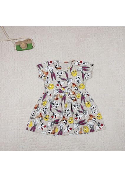 Kız Çocuk Warner Bros Karakterleri Baskılı Pamuklu Elbise