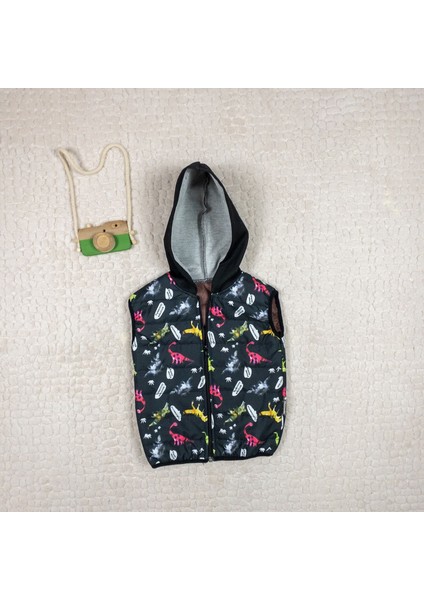 Erkek Çocuk Dinazor Baskılı Kapüşonlu Şişme Yelek