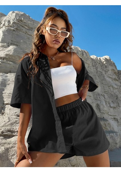 Kadın Oversize Poplin Kumaş Şort Gömlek Takım10