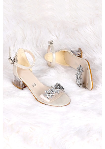 790 Taşlı Kız Çocuk 3 cm Şeffaf Topuklu Sandalet Ayakkabı