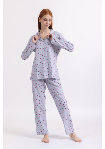 Kadın Dört Mevsim %100 Pamuk Düğmeli Kalp Desenli Pijama Takımı 9323
