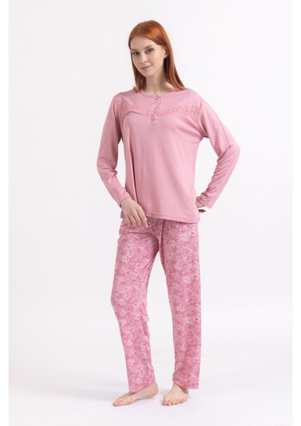 Kadın Dört Mevsim Dantel Desenli Melisa Kumaş Yuvarlak Yaka Pijama Takımı 1361