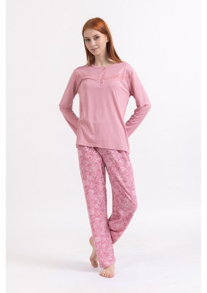 Kadın Dört Mevsim Dantel Desenli Melisa Kumaş Yuvarlak Yaka Pijama Takımı 1361 indirimleri