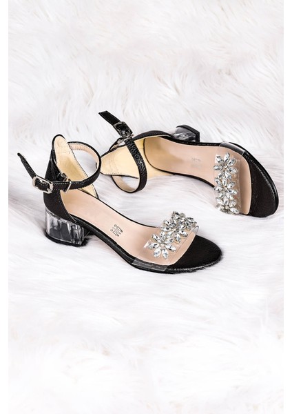 790 Taşlı Kız Çocuk 3 cm Şeffaf Topuklu Sandalet Ayakkabı