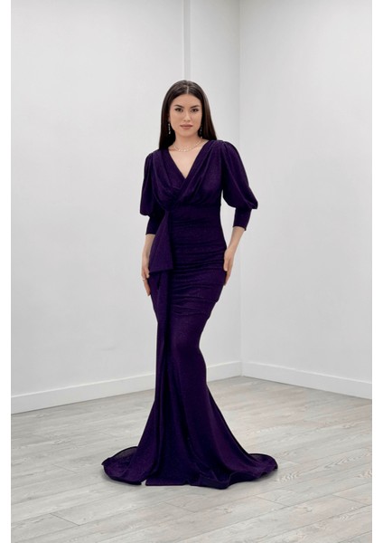 Simli Kumaş Balık Model Volan Detaylı Abiye Elbise - Patlıcan Mor