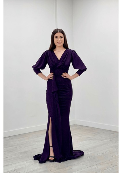 Simli Kumaş Balık Model Volan Detaylı Abiye Elbise - Patlıcan Mor fiyatları