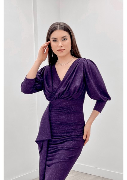 Simli Kumaş Balık Model Volan Detaylı Abiye Elbise - Patlıcan Mor modelleri