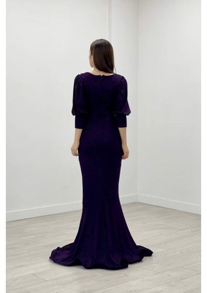 Simli Kumaş Balık Model Volan Detaylı Abiye Elbise - Patlıcan Mor indirimleri