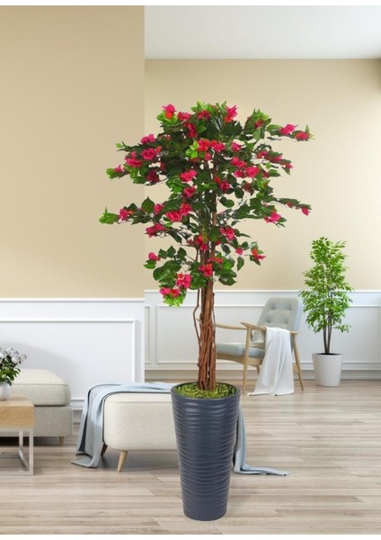 Yapay Ağaç Antrasit 57CM Kumsal Vazoda Begonvil Ağacı Fuşya Bodrum Çiçeği 180CM