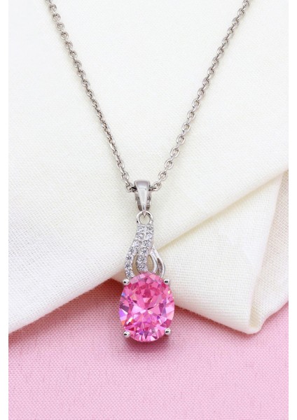 Pembe Kuvars Taşlı Gümüş Kolye 306