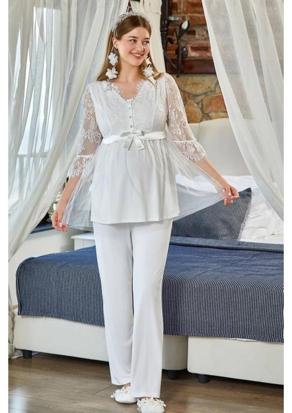 23190 Ecru Dantel ve Tül Detaylı Hamile Lohusa Pijama Tk