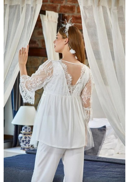 23190 Ecru Dantel ve Tül Detaylı Hamile Lohusa Pijama Tk