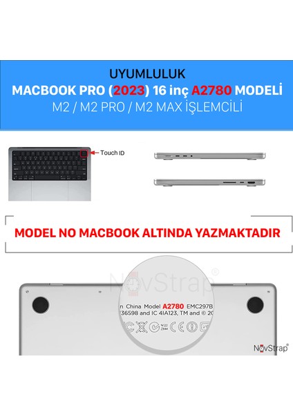 Novstrap Apple Macbook Pro 2023 16 Inç M2 Pro/max A2780 ile Uyumlu Kılıf Sert Parlak Koruma Kapak