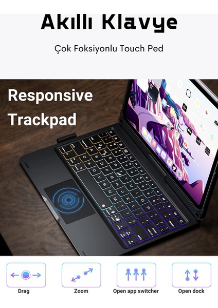 iPad Pro 11 Inç M2 Klavyeli  Kılıf 360°DÖNEBILEN Trackpad Klavye