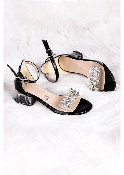 Yangu Rugan Taşlı Kız Çocuk 3 Cm Şeffaf Topuklu Sandalet Abiye Ayakkabı