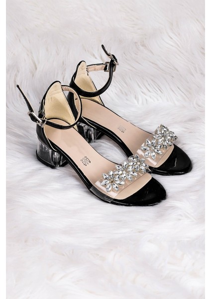 Yangu Rugan Taşlı Kız Çocuk 3 Cm Şeffaf Topuklu Sandalet Abiye Ayakkabı modelleri