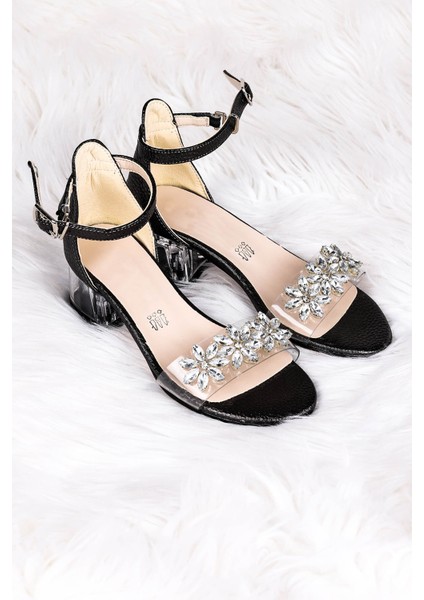 Yangu Vakko Taşlı Kız Çocuk 3 Cm Şeffaf Topuklu Sandalet Abiye Ayakkabı modelleri