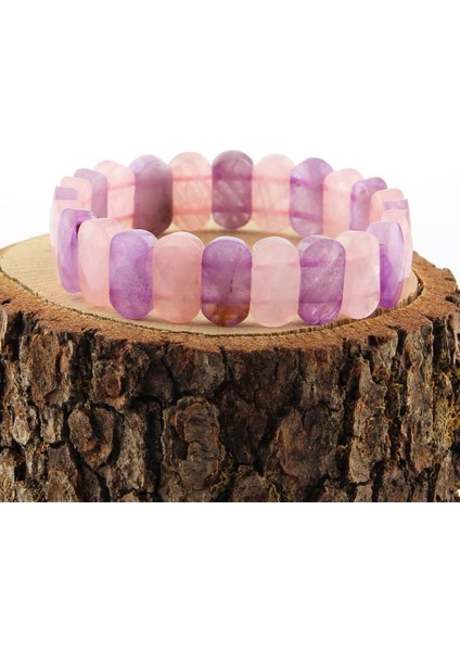 Sertifikalı Ametist - Pembe Kuvars Doğal Taş Geniş Kesim Bileklik 15 mm
