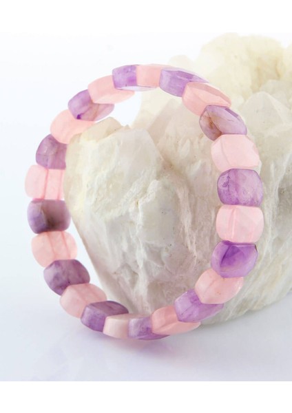 Sertifikalı Ametist - Pembe Kuvars Doğal Taş Geniş Kesim Bileklik 15 mm fiyatları